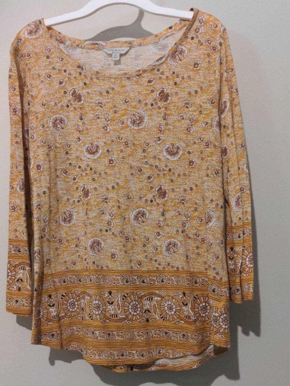 Lucky Brand Yellow Floral Border-Print Long Sleeve Tee Size M